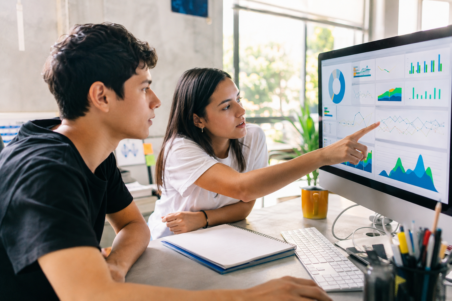 Jovem analisando painéis coloridos de dados e inteligência de negócios